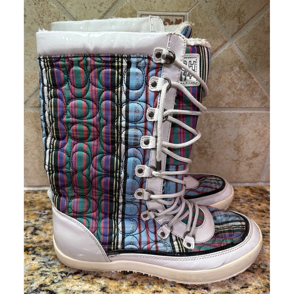 Coach Snow Boots Rainbow Logo Quilted Peggey Mid Calf Lace Up, Womens' Size 9.5B